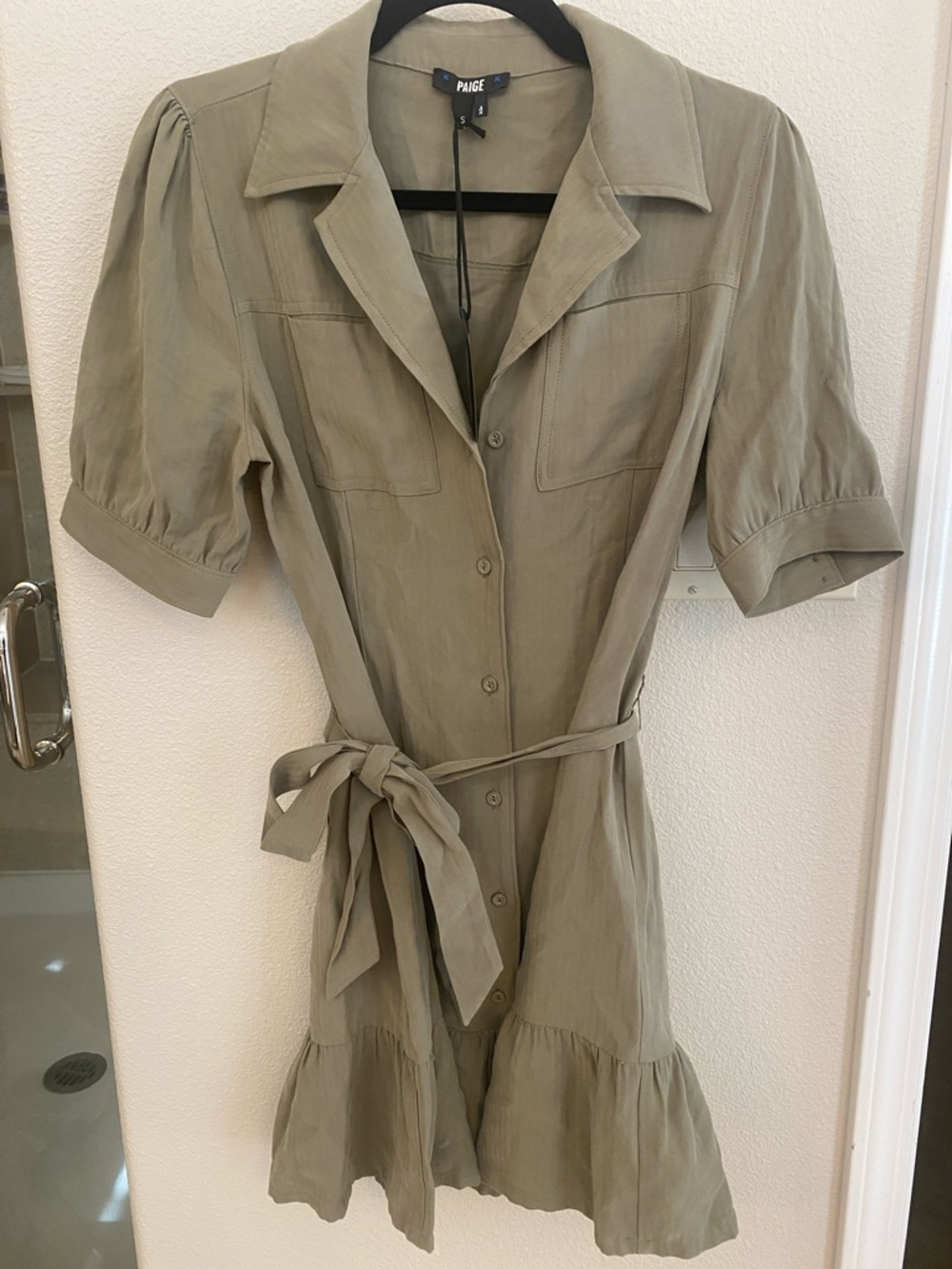 PAIGE Olive Green Button-Front Mini Dress with Tie Waist
